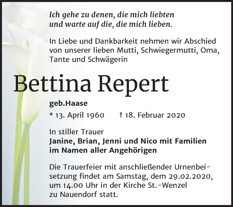  Traueranzeige für Bettina Repert vom 22.02.2020 aus Mitteldeutsche Zeitung Halle/Saalkreis