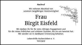 Traueranzeige von Birgit Eisfeld von Super Sonntag Aschersleben