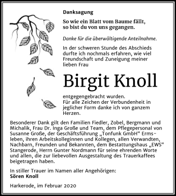 Traueranzeige von Birgit Knoll von Super Sonntag Aschersleben / Mansfelder Land / Quedlinburg