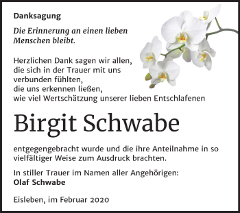 Traueranzeige von Birgit Schwabe von Wochenspiegel Mansfelder Land