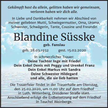 Traueranzeige von Blandine Süsske von Super Sonntag Wittenberg