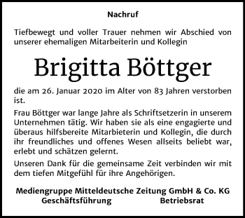 Traueranzeige von Brigitta Böttger von Mitteldeutsche Zeitung Halle/Saalkreis