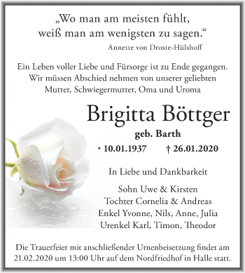Traueranzeige von Brigitta Böttger von Mitteldeutsche Zeitung Halle/Saalkreis