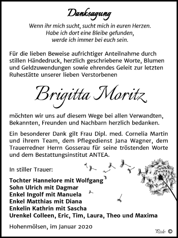 Traueranzeige von Brigitta Moritz von Mitteldeutsche Zeitung Weißenfels
