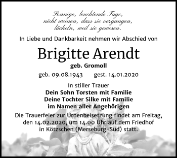 Traueranzeige von Brigitte Arendt von Mitteldeutsche Zeitung Merseburg/Querfurt