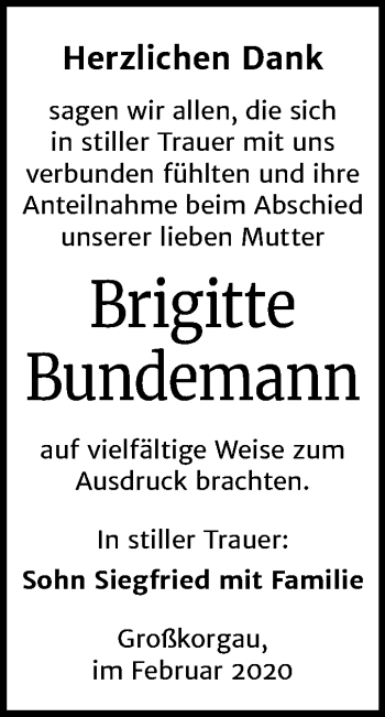 Traueranzeige von Brigitte Bundemann von Mitteldeutsche Zeitung Wittenberg