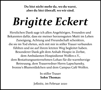 Traueranzeige von Brigitte Eckert von Mitteldeutsche Zeitung Bitterfeld