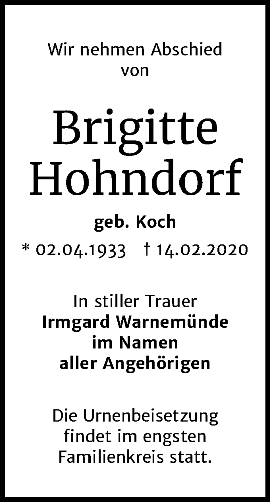  Traueranzeige für Brigitte Hohndorf vom 29.02.2020 aus Mitteldeutsche Zeitung Halle/Saalkreis