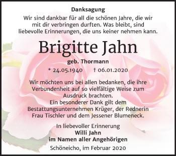 Traueranzeige von Brigitte Jahn von Mitteldeutsche Zeitung Wittenberg