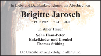 Traueranzeige von Brigitte Jarosch von Super Sonntag Dessau-Roßlau