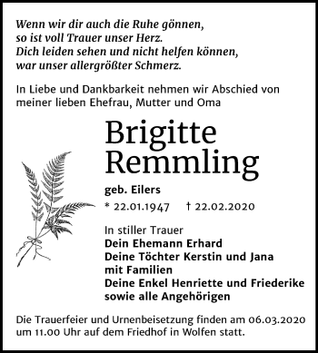 Traueranzeige von Brigitte Remmling von Mitteldeutsche Zeitung Bitterfeld