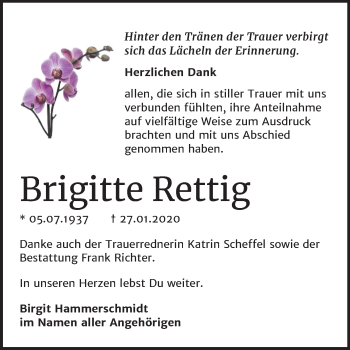 Traueranzeige von Brigitte Rettig von Mitteldeutsche Zeitung Sangerhausen