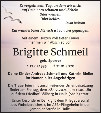 Traueranzeige von Brigitte Schmeil von Mitteldeutsche Zeitung Halle/Saalkreis