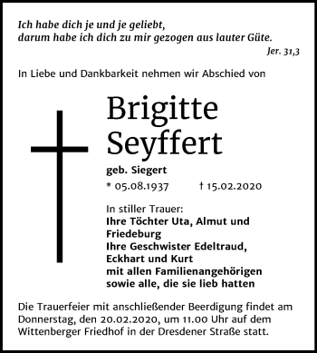 Traueranzeige von Brigitte Seyffert von Wochenspiegel Wittenberg