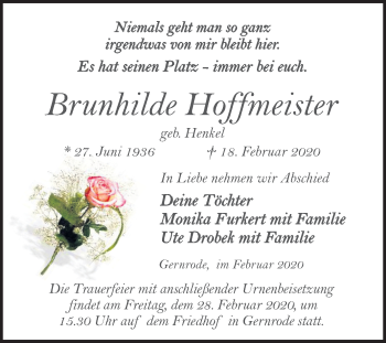 Traueranzeige von Brunhilde Hoffmeister von Mitteldeutsche Zeitung Quedlinburg