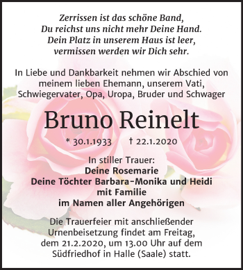Traueranzeige von Bruno Reinelt von Mitteldeutsche Zeitung Sangerhausen