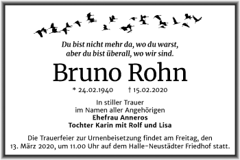 Traueranzeige von Bruno Rohn von Mitteldeutsche Zeitung Halle/Saalkreis