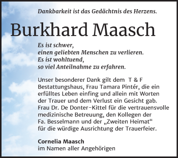 Traueranzeige von Burkhard Maasch von Wochenspiegel Weißenfels