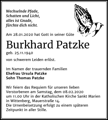 Traueranzeige von Burkhard Patzke von Super Sonntag Wittenberg