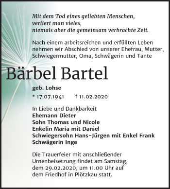 Traueranzeige von Bärbel Bartel von Mitteldeutsche Zeitung Bernburg
