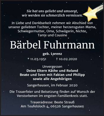 Traueranzeige von Bärbel Fuhrmann von Super Sonntag Sangerhausen