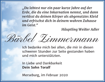 Traueranzeige von Bärbel Zimmermann von Super Sonntag Merseburg/Querfurt