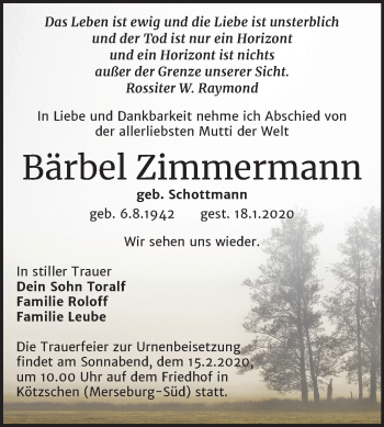 Traueranzeige von Bärbel Zimmermann von Super Sonntag Merseburg/Querfurt