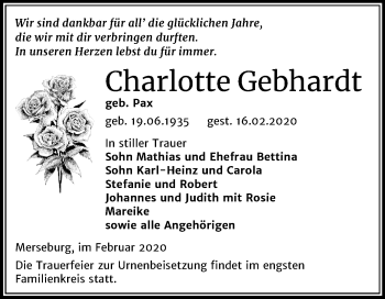 Traueranzeige von Charlotte Gebhardt von Super Sonntag Merseburg/Querfurt