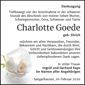 Traueranzeige von Charlotte Goede von Mitteldeutsche Zeitung Sangerhausen