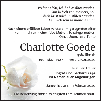 Traueranzeige von Charlotte Goede von Super Sonntag Sangerhausen