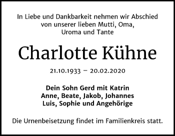 Traueranzeige von Charlotte Kühne von Mitteldeutsche Zeitung Wittenberg
