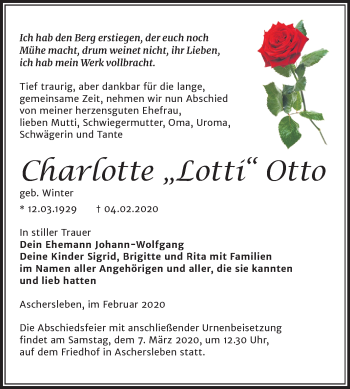 Traueranzeige von Charlotte Otto von Mitteldeutsche Zeitung Aschersleben