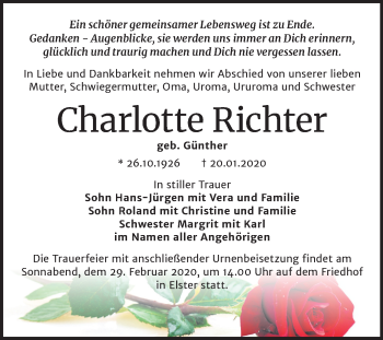 Traueranzeige von Charlotte Richter von Super Sonntag Wittenberg