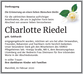 Traueranzeige von Charlotte Riedel von Wochenspiegel Mansfelder Land