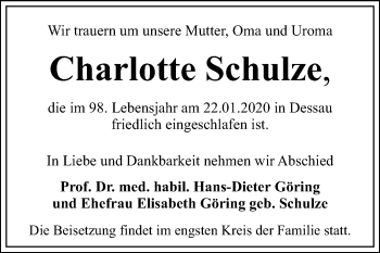 Traueranzeige von Charlotte Schulze von Wochenspiegel Mansfelder Land