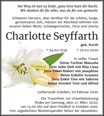 Traueranzeige von Charlotte Seyffarth von Mitteldeutsche Zeitung Mansfelder Land
