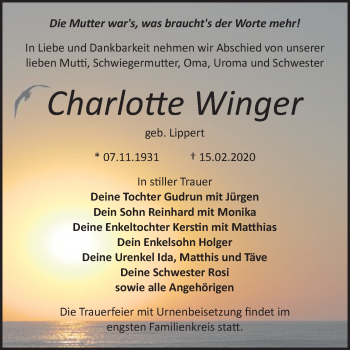 Traueranzeige von Charlotte Winger von Mitteldeutsche Zeitung Bitterfeld