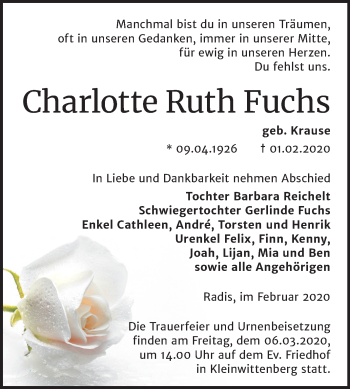 Traueranzeige von Charlotte Ruth Fuchs von Mitteldeutsche Zeitung Wittenberg