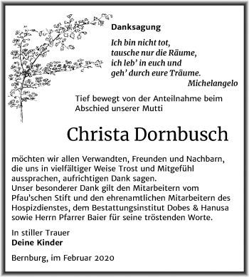 Traueranzeige von Christa Dornbusch von Super Sonntag Bernburg