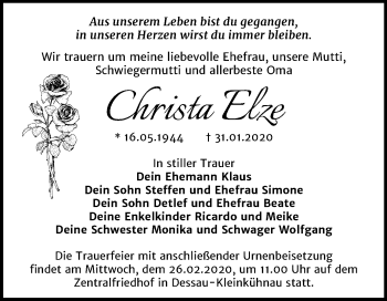 Traueranzeige von Christa Elze von Mitteldeutsche Zeitung Dessau-Roßlau