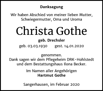Traueranzeige von Christa Gothe von Mitteldeutsche Zeitung Sangerhausen