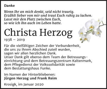 Traueranzeige von Christa Herzog von Super Sonntag Aschersleben