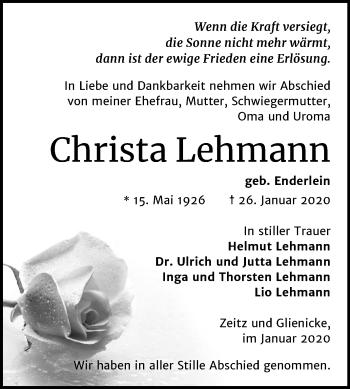 Traueranzeige von Christa Lehmann von Mitteldeutsche Zeitung Zeitz