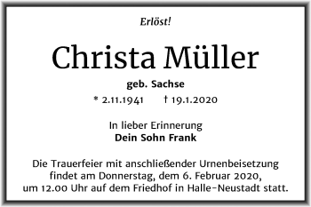 Traueranzeige von Christa Müller von Mitteldeutsche Zeitung Halle/Saalkreis