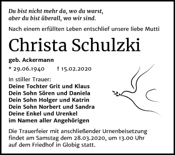 Traueranzeige von Christa Schulzki von Super Sonntag Wittenberg