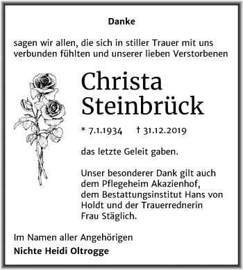 Traueranzeige von Christa Steinbrück von Mitteldeutsche Zeitung Halle/Saalkreis