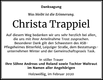 Traueranzeige von Christa Trappiel von Wochenspiegel Bitterfeld