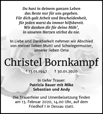 Traueranzeige von Christel Bornkampf von Mitteldeutsche Zeitung Dessau-Roßlau