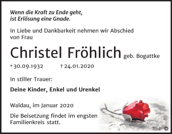 Traueranzeige von Christel Fröhlich von Mitteldeutsche Zeitung Zeitz