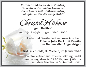 Traueranzeige von Christel Hübner von Mitteldeutsche Zeitung Merseburg/Querfurt